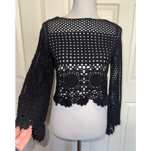 Black Crochet Boho Crop Top Small Bell Sleeve Festival Hippie Y2K Open Knit